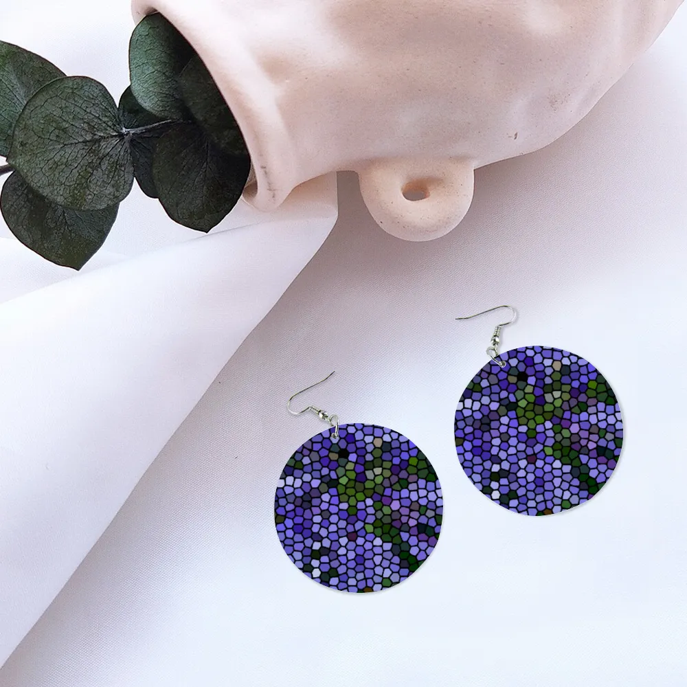Agapanthus Stained Glass Round Wooden Dangle Earrings (FWS)