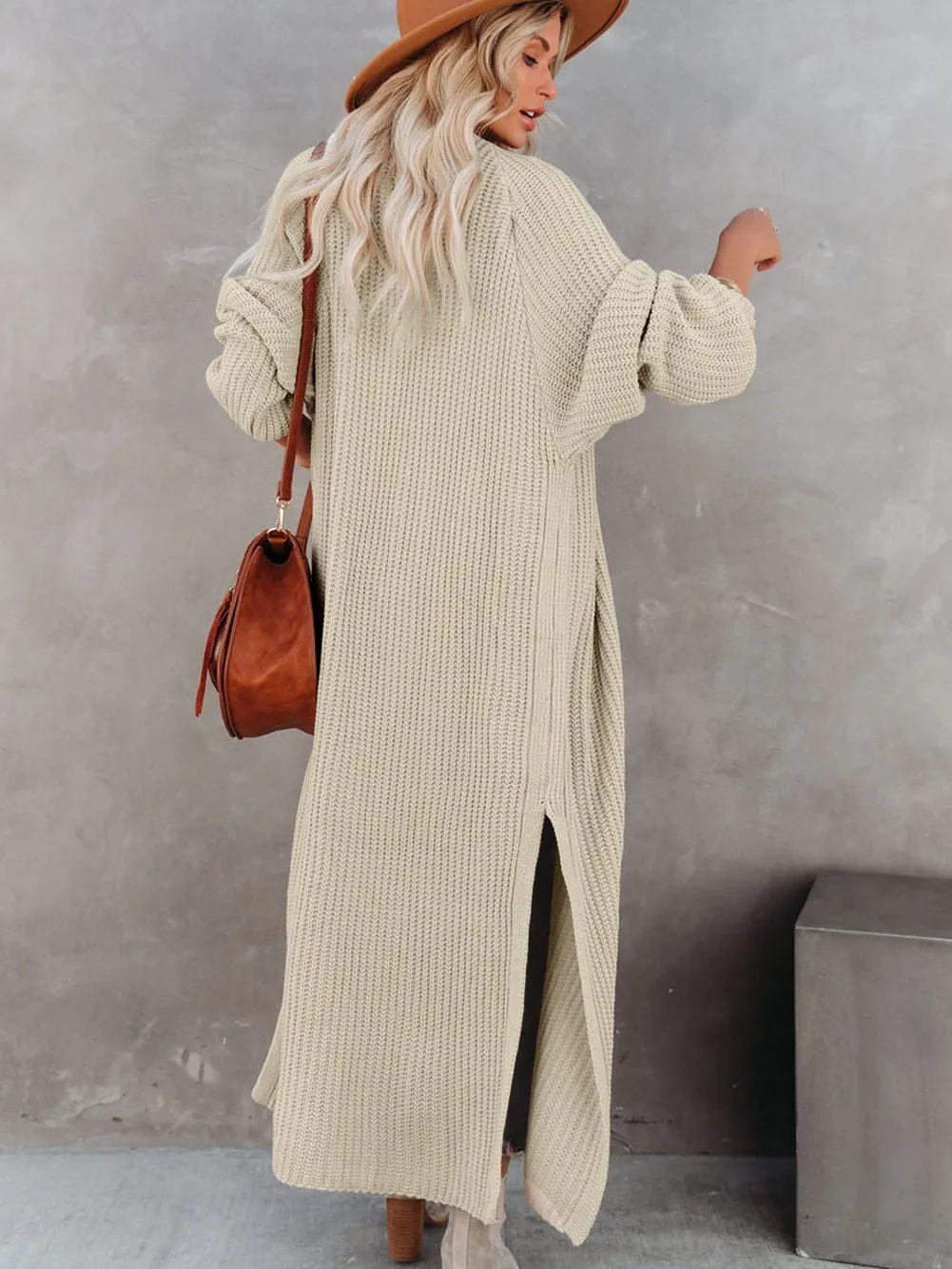 Beige Chunky Knit Open Front Duster Cardigan with Side Slits