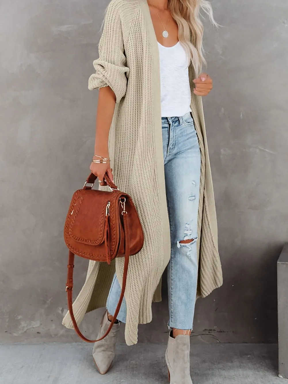 Beige Chunky Knit Open Front Duster Cardigan with Side Slits