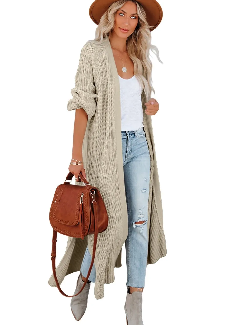 Beige Chunky Knit Open Front Duster Cardigan with Side Slits
