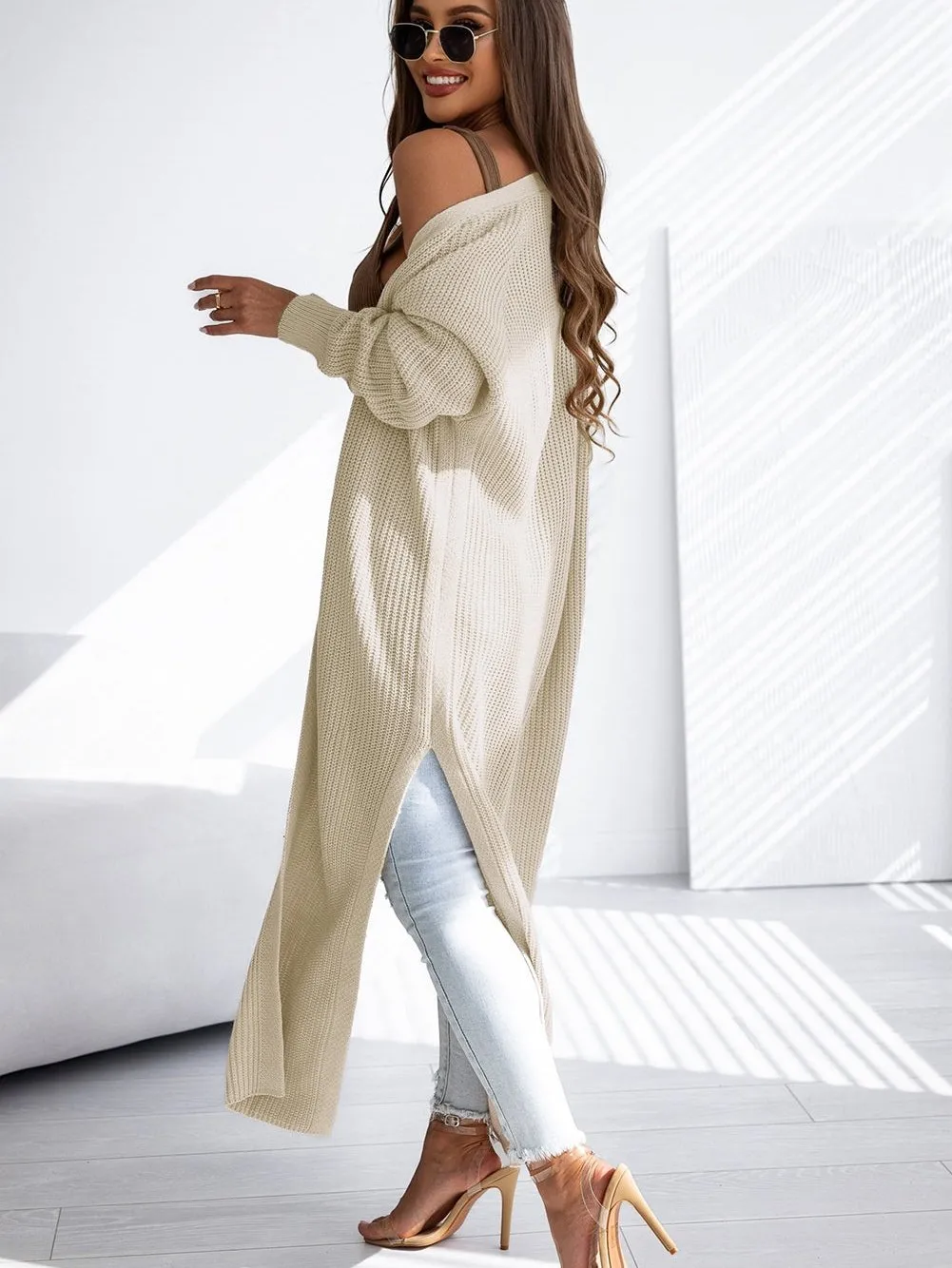 Beige Chunky Knit Open Front Duster Cardigan with Side Slits
