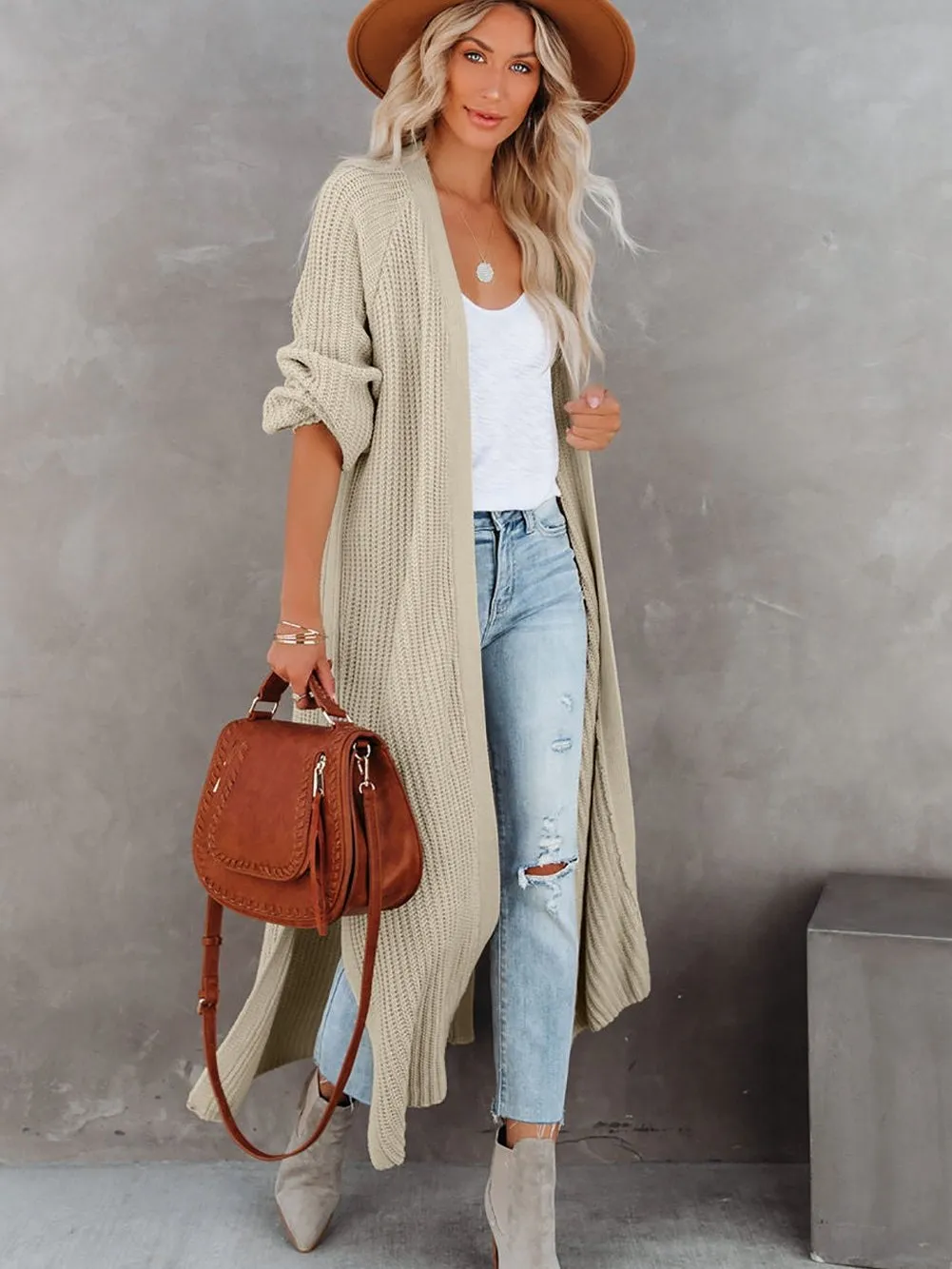 Beige Chunky Knit Open Front Duster Cardigan with Side Slits