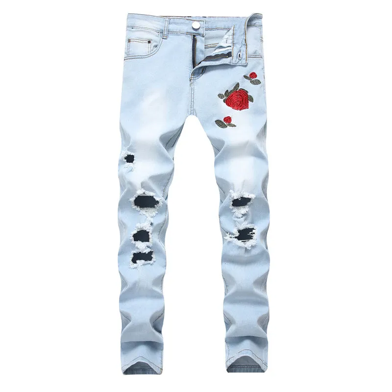 Casual Elasticity Pencil Pants Mid Waisted Jeans Men's Ripped Jeans
