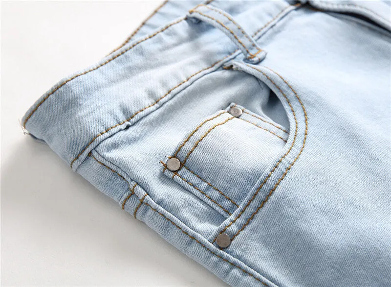 Casual Elasticity Pencil Pants Mid Waisted Jeans Men's Ripped Jeans