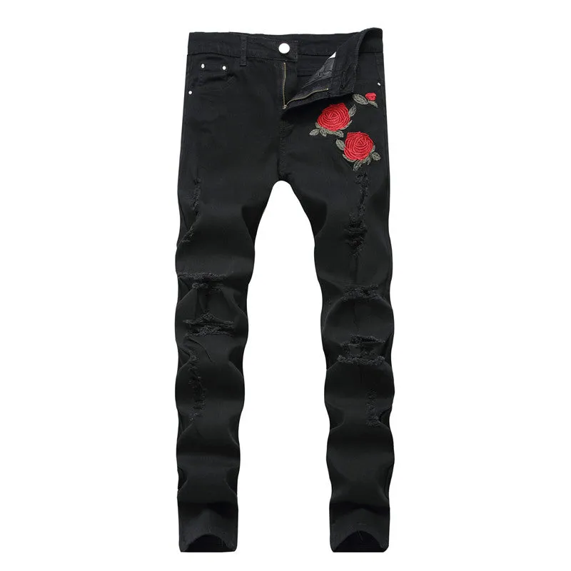 Casual Elasticity Pencil Pants Mid Waisted Jeans Men's Ripped Jeans