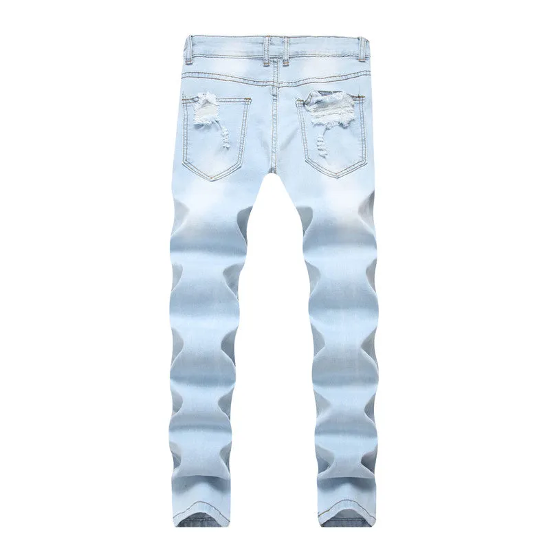 Casual Elasticity Pencil Pants Mid Waisted Jeans Men's Ripped Jeans