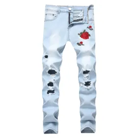 Casual Elasticity Pencil Pants Mid Waisted Jeans Men's Ripped Jeans