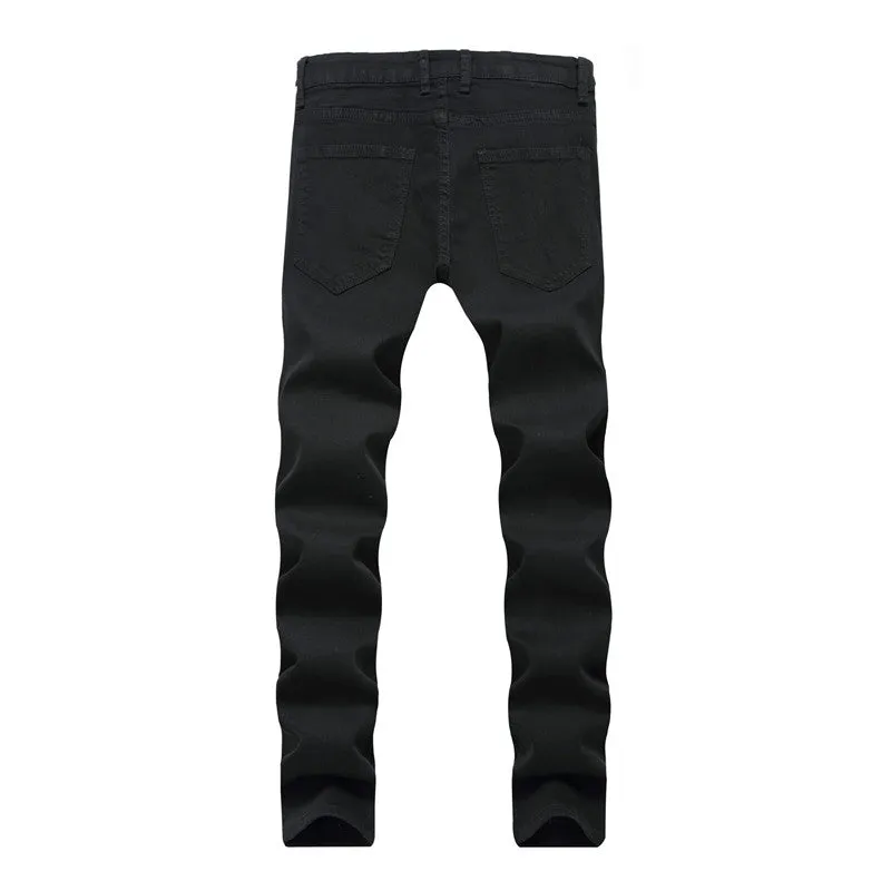 Casual Elasticity Pencil Pants Mid Waisted Jeans Men's Ripped Jeans