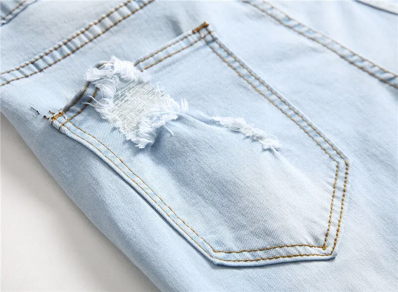 Casual Elasticity Pencil Pants Mid Waisted Jeans Men's Ripped Jeans