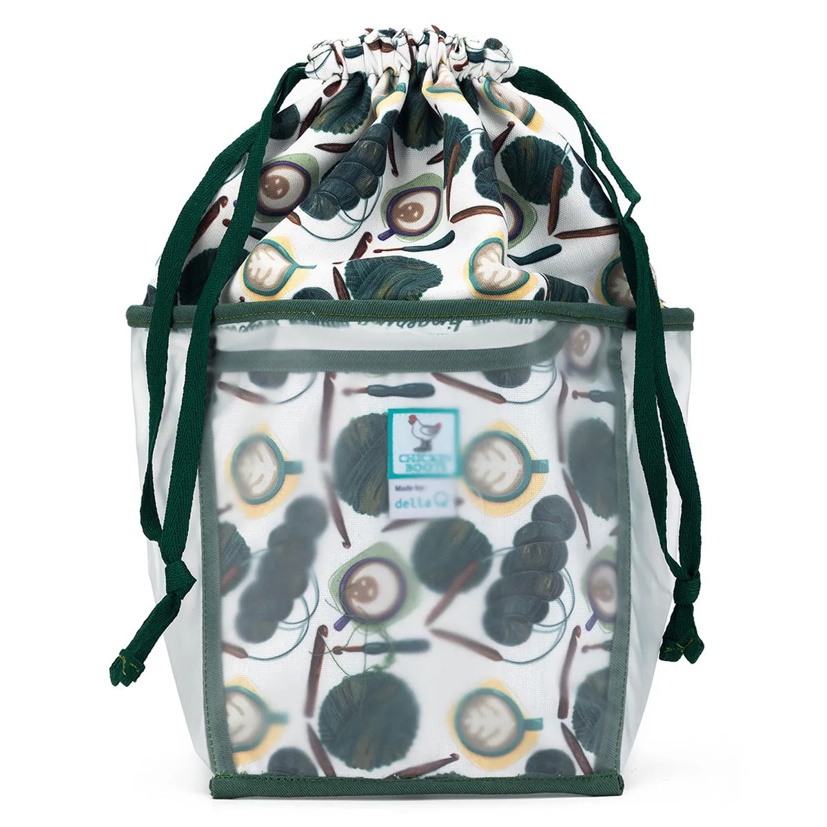 della Q Chicken Boots Double Double Project Bag - Coffee and Yarn Green