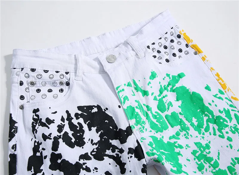 Elasticity Men's Jeans White Printed Mid Waist Jeans Straight Pants