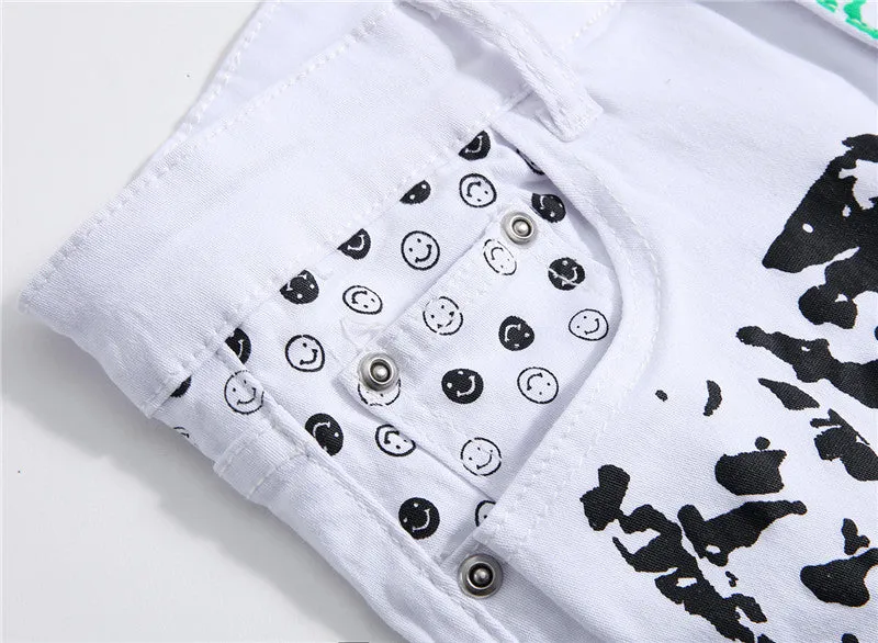 Elasticity Men's Jeans White Printed Mid Waist Jeans Straight Pants