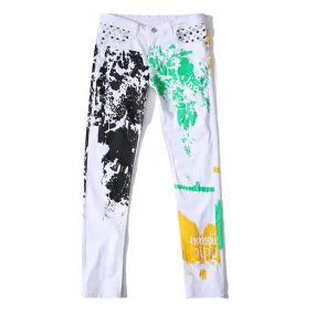 Elasticity Men's Jeans White Printed Mid Waist Jeans Straight Pants