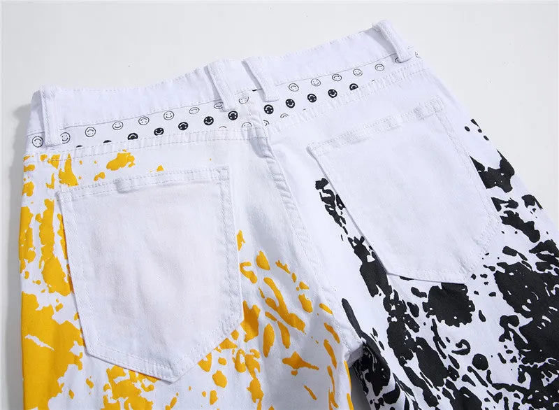 Elasticity Men's Jeans White Printed Mid Waist Jeans Straight Pants