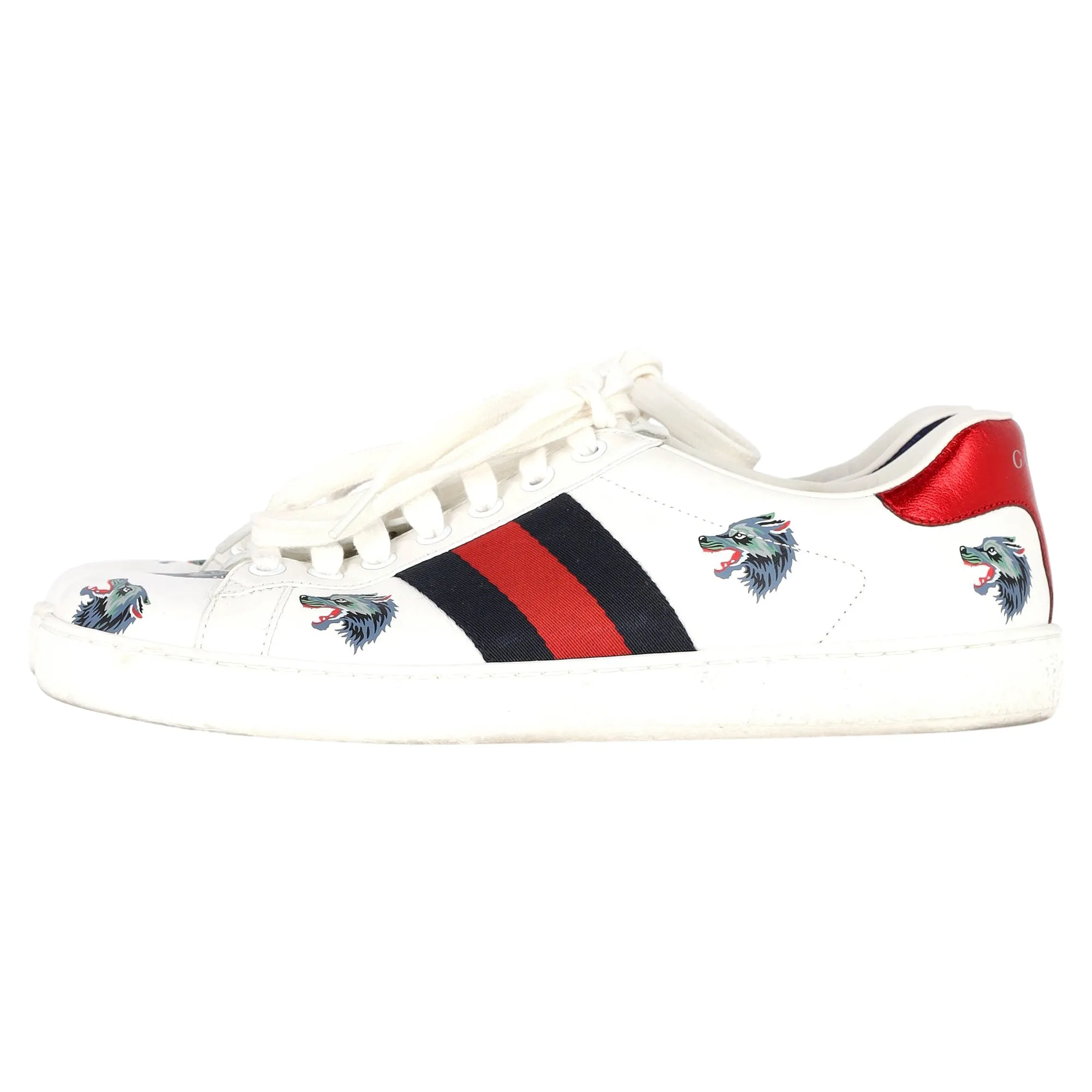 Gucci Ace Wolf Print Low-Top Sneakers in White Calfskin Leather