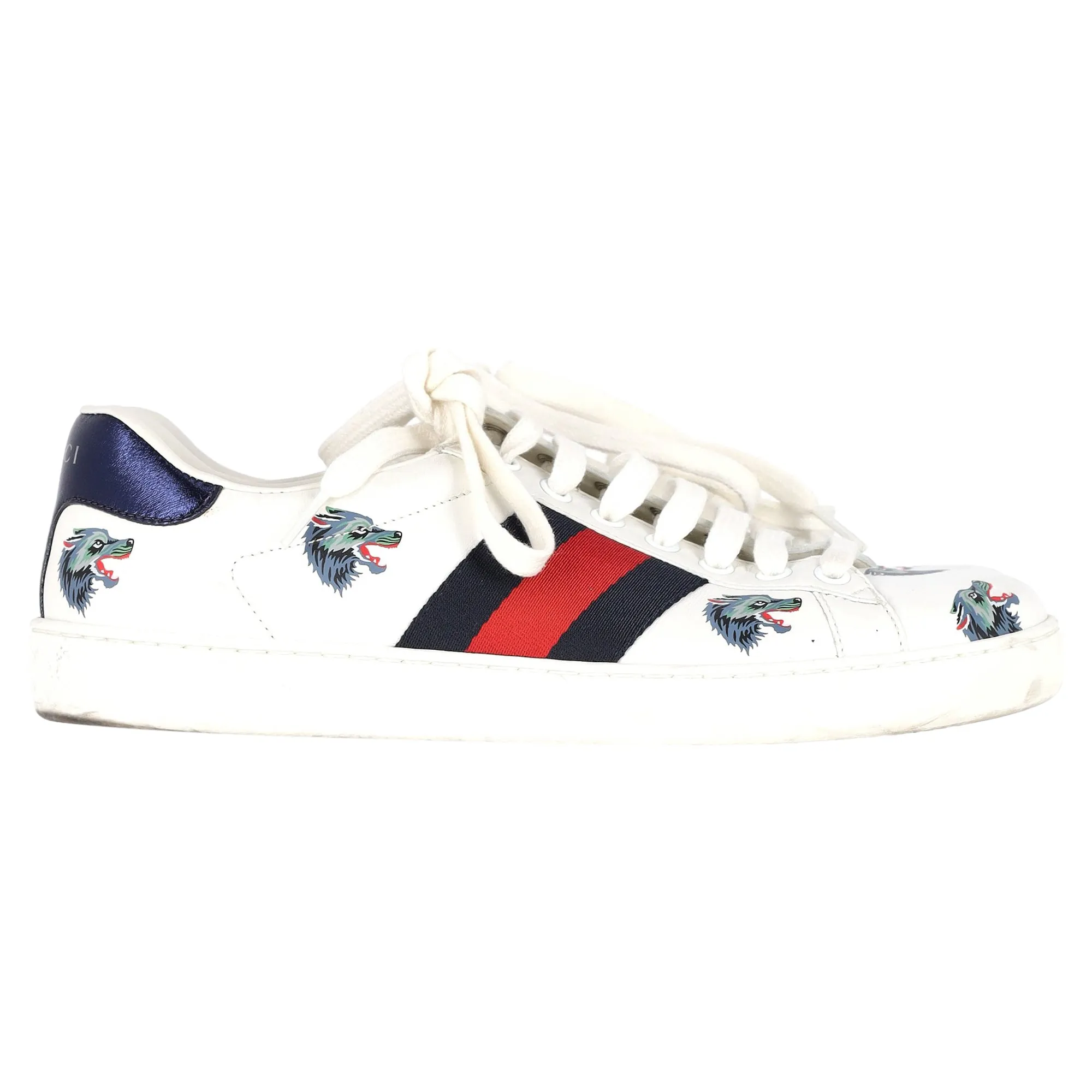 Gucci Ace Wolf Print Low-Top Sneakers in White Calfskin Leather
