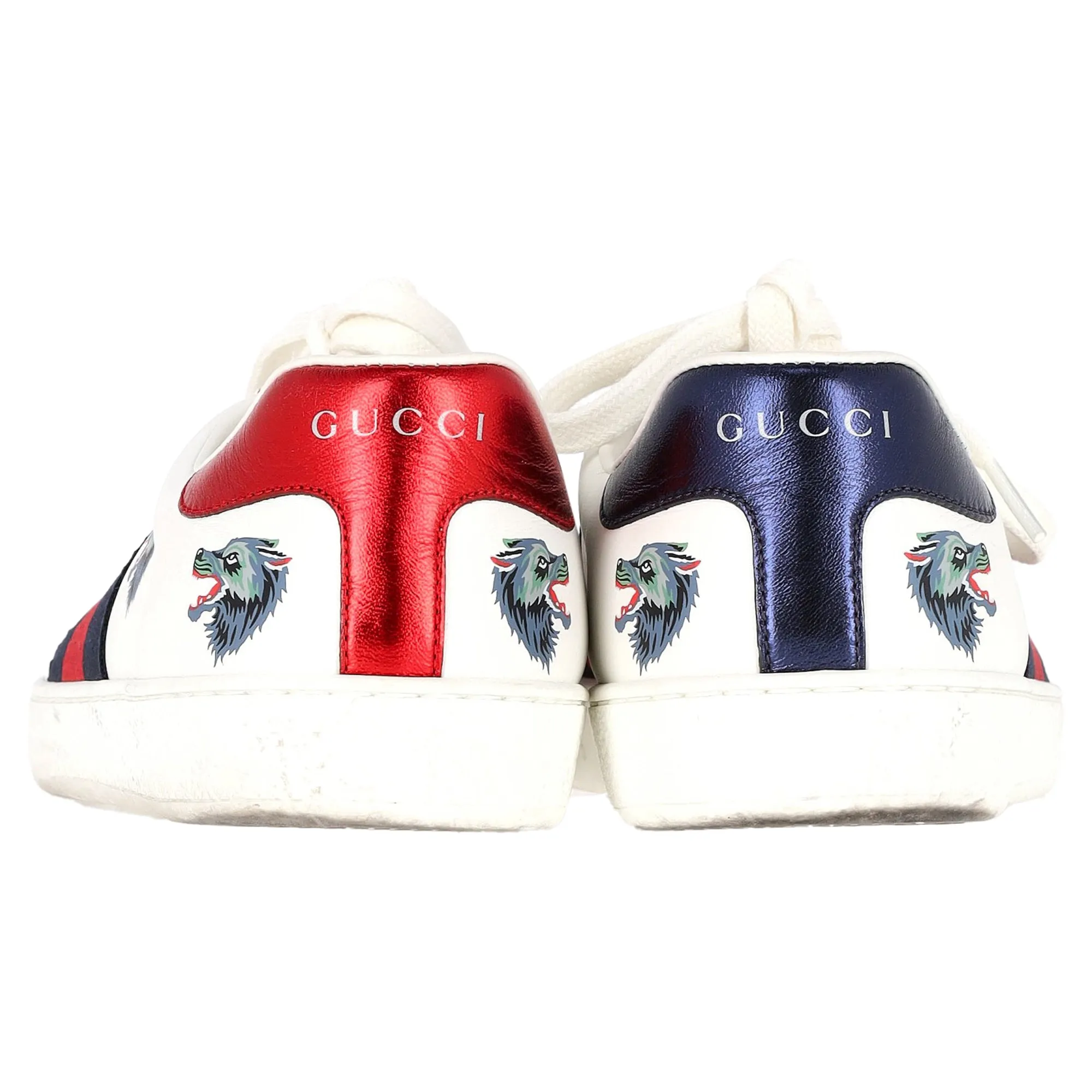 Gucci Ace Wolf Print Low-Top Sneakers in White Calfskin Leather