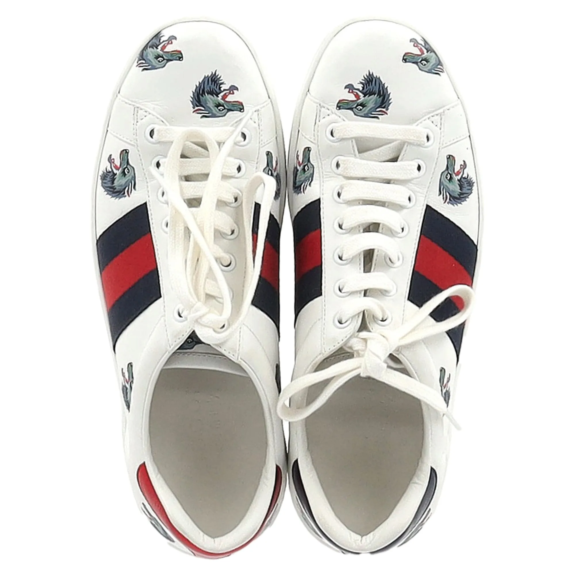 Gucci Ace Wolf Print Low-Top Sneakers in White Calfskin Leather