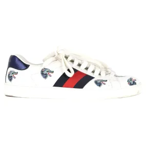 Gucci Ace Wolf Print Low-Top Sneakers in White Calfskin Leather