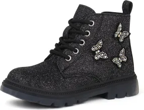 JABASIC Girls Glittery Ankle Boots Kids Lace Up Combat Boots with Side Zipper
