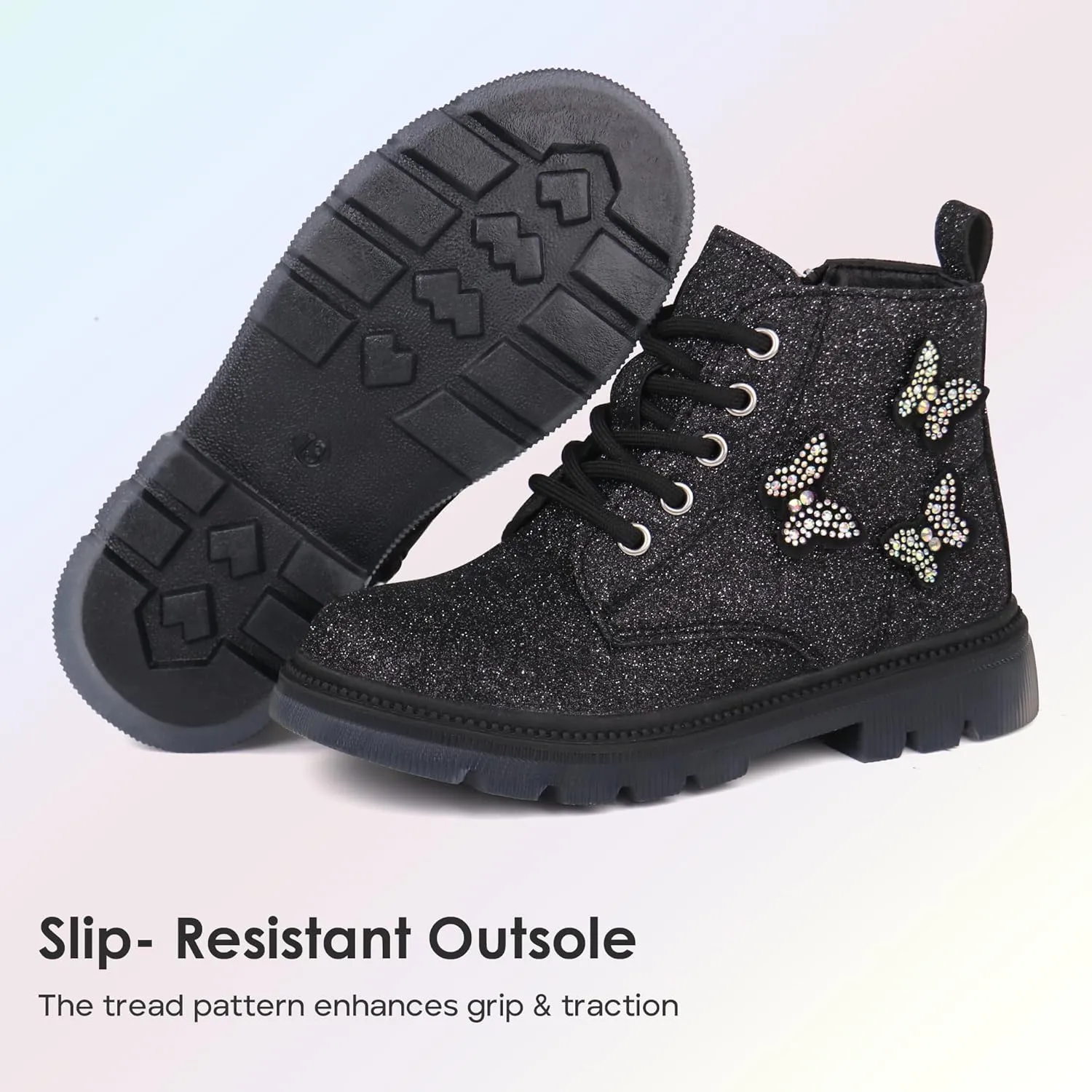 JABASIC Girls Glittery Ankle Boots Kids Lace Up Combat Boots with Side Zipper