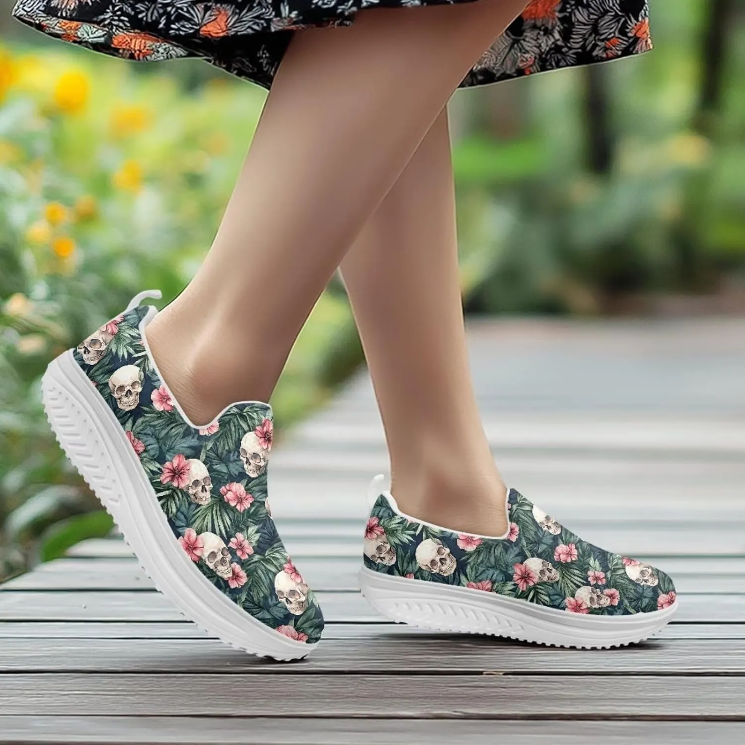 Jeiento Womens Platform Sneakers Lightweight Comfort Athletic Shoes Skull Pattern Walking Jogging Tennis Footwear