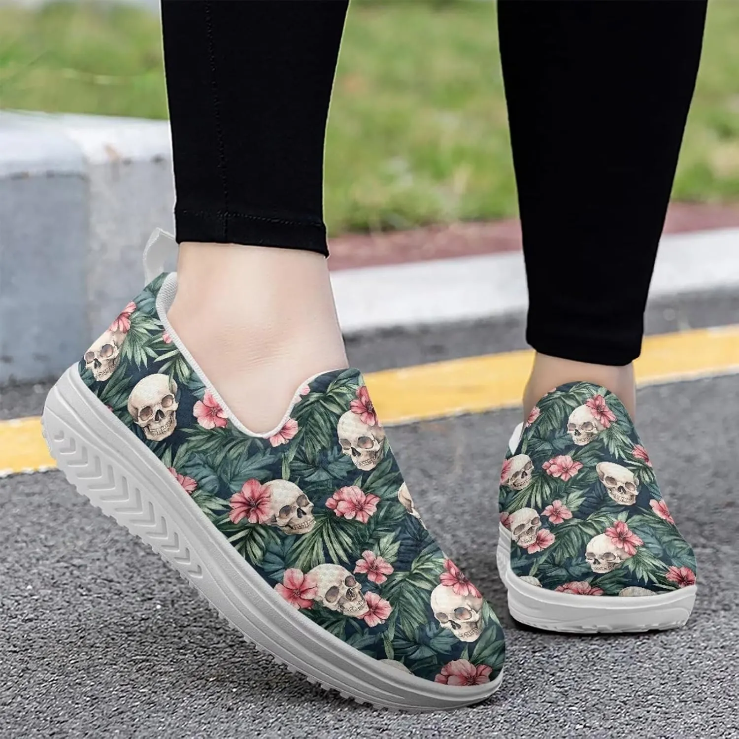 Jeiento Womens Platform Sneakers Lightweight Comfort Athletic Shoes Skull Pattern Walking Jogging Tennis Footwear