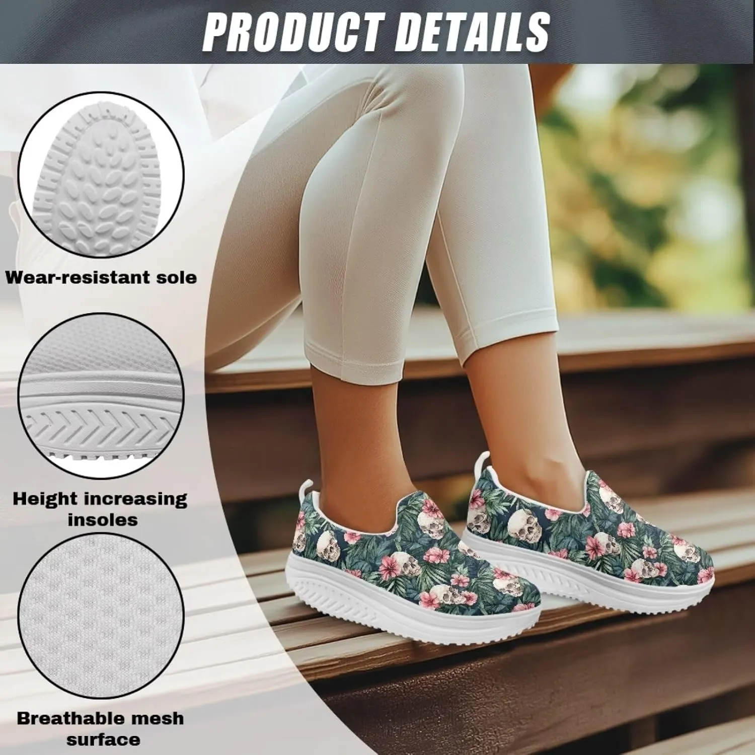 Jeiento Womens Platform Sneakers Lightweight Comfort Athletic Shoes Skull Pattern Walking Jogging Tennis Footwear