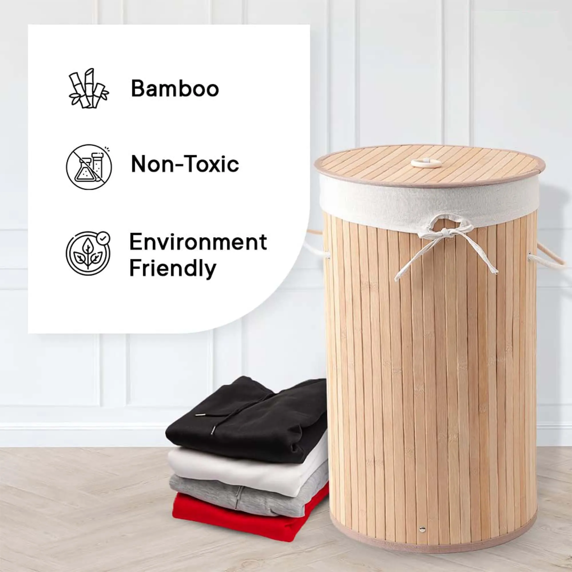 Kuber Industries Durable & Foldable Bamboo Laundry Basket For Clothes With Lid & Rope Handle | Eco Friendly Washing Clothes Bucket/Storage Box Organizer | BS010NR-Natural Wooden Brown