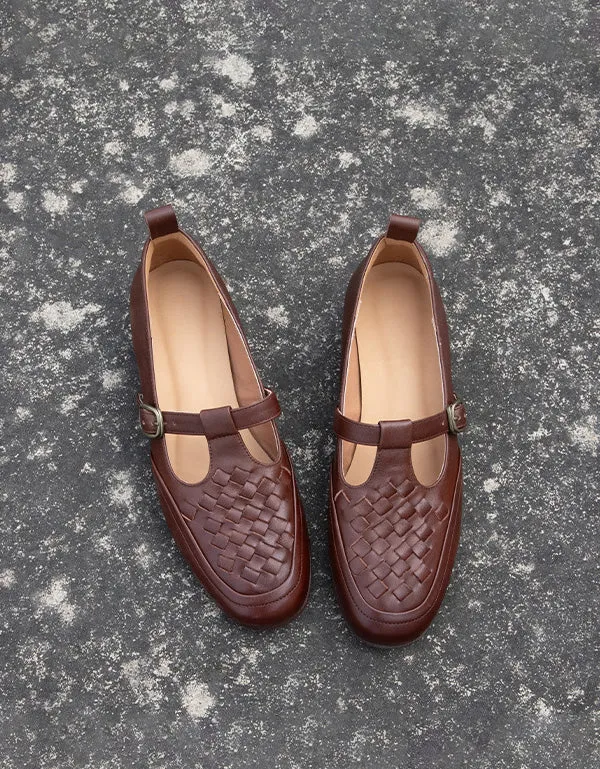 Leather Woven Comfort Vintage T-strap Loafers