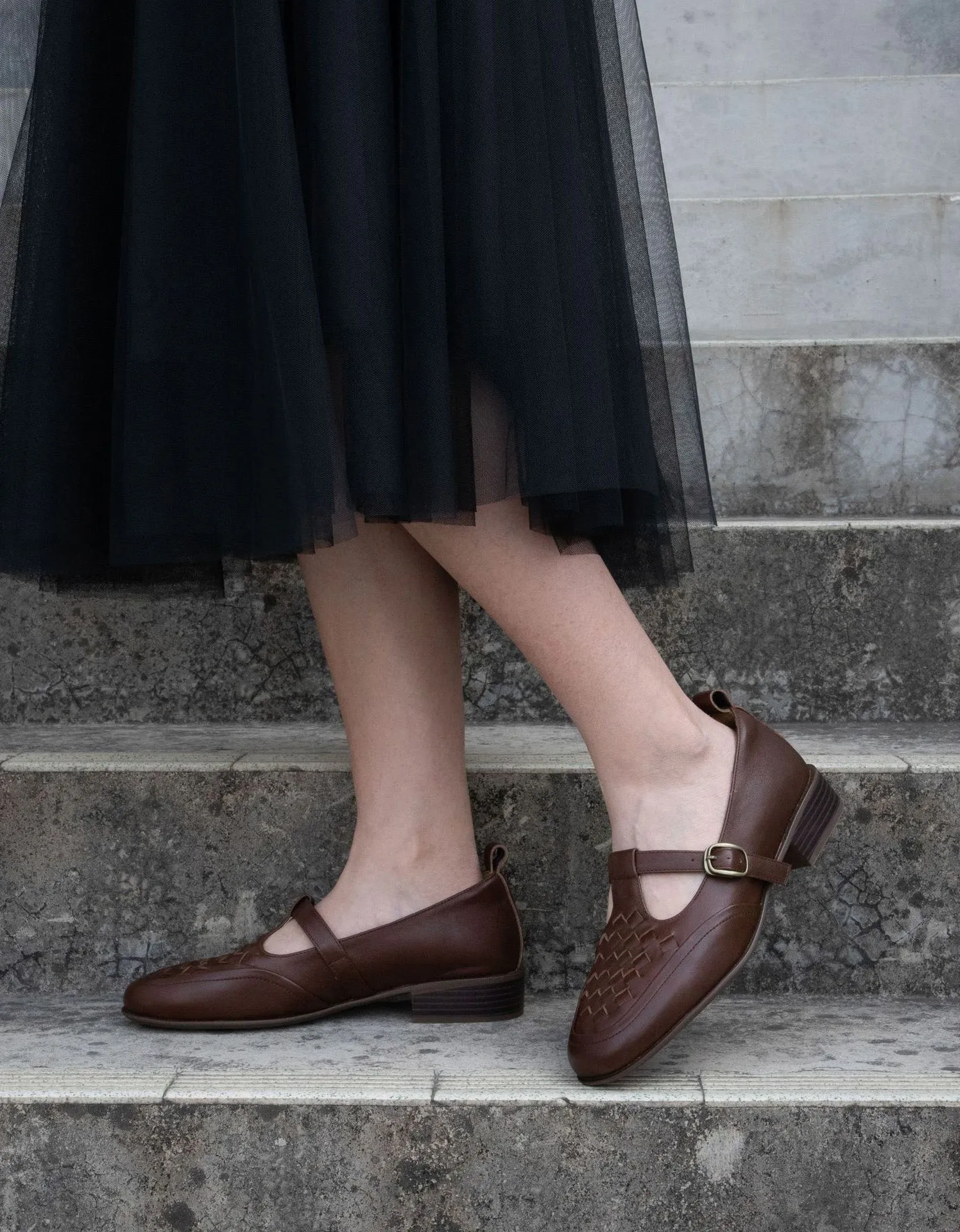 Leather Woven Comfort Vintage T-strap Loafers