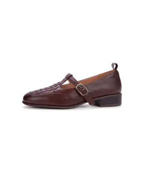 Leather Woven Comfort Vintage T-strap Loafers