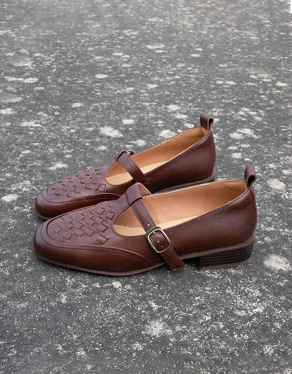 Leather Woven Comfort Vintage T-strap Loafers