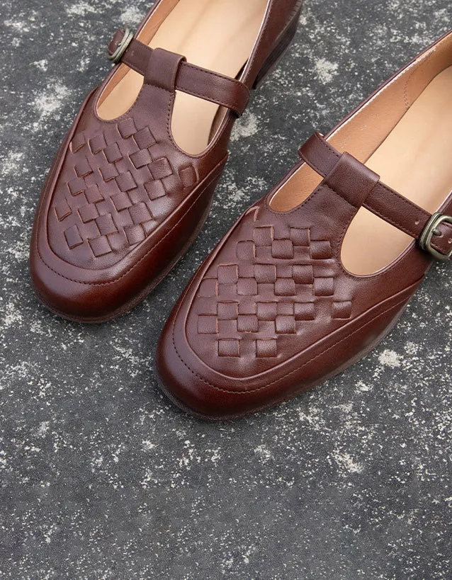 Leather Woven Comfort Vintage T-strap Loafers
