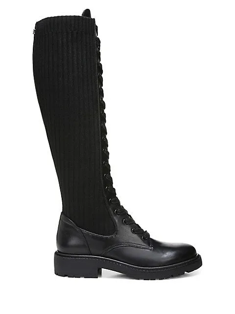 Sam Edelman Lila Black Lace Up Round Toe Block Heel Classic Tall Combat Boots
