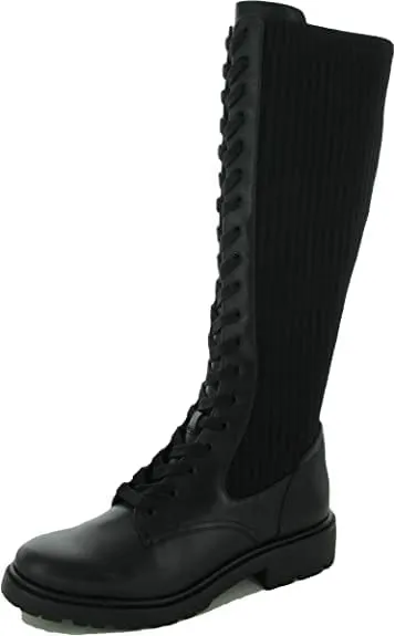 Sam Edelman Lila Black Lace Up Round Toe Block Heel Classic Tall Combat Boots