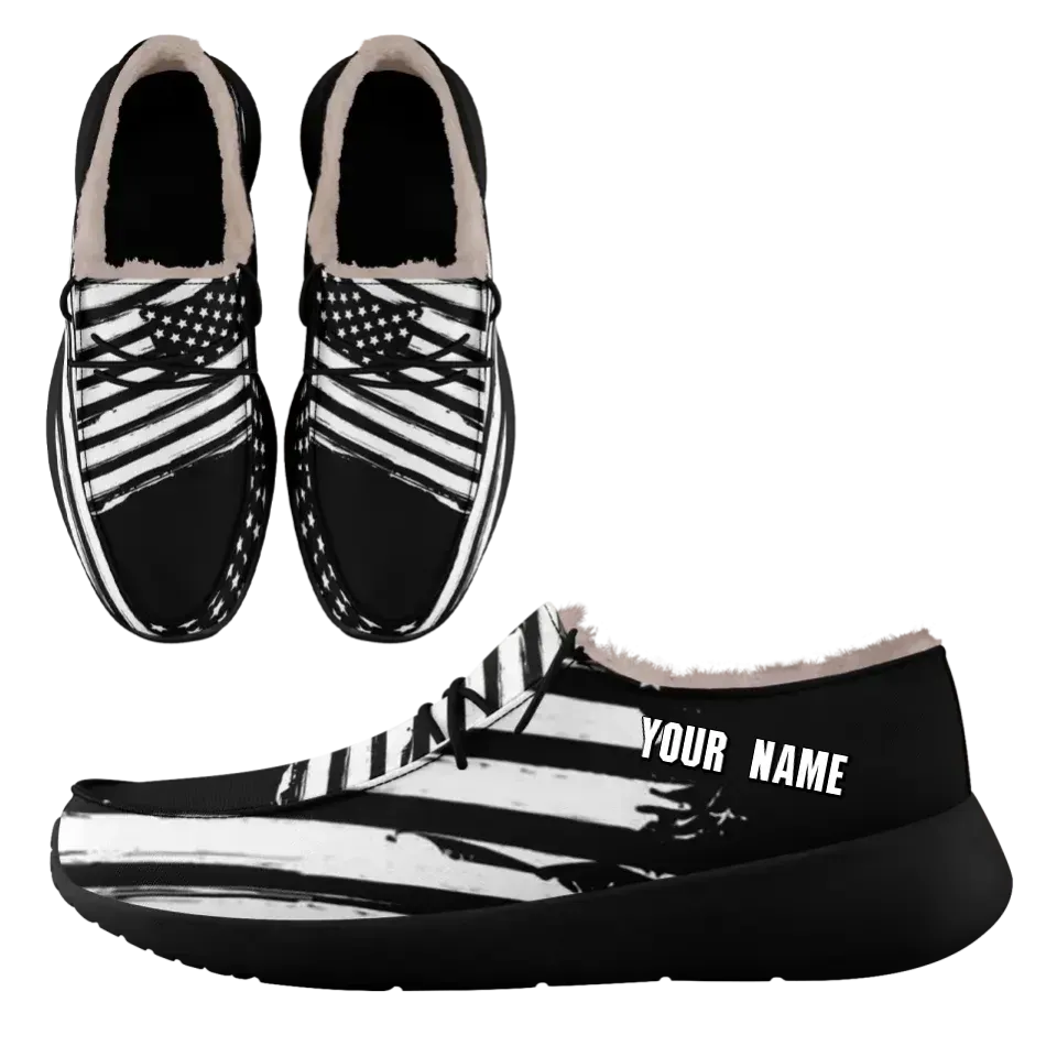 Unique Gift,Personalized USA Flag Sneakers, Custom Stars and Stripes Loafer Shoes, Fur Lining Shoe, Pride in Comfort,FN042-24020304-3b