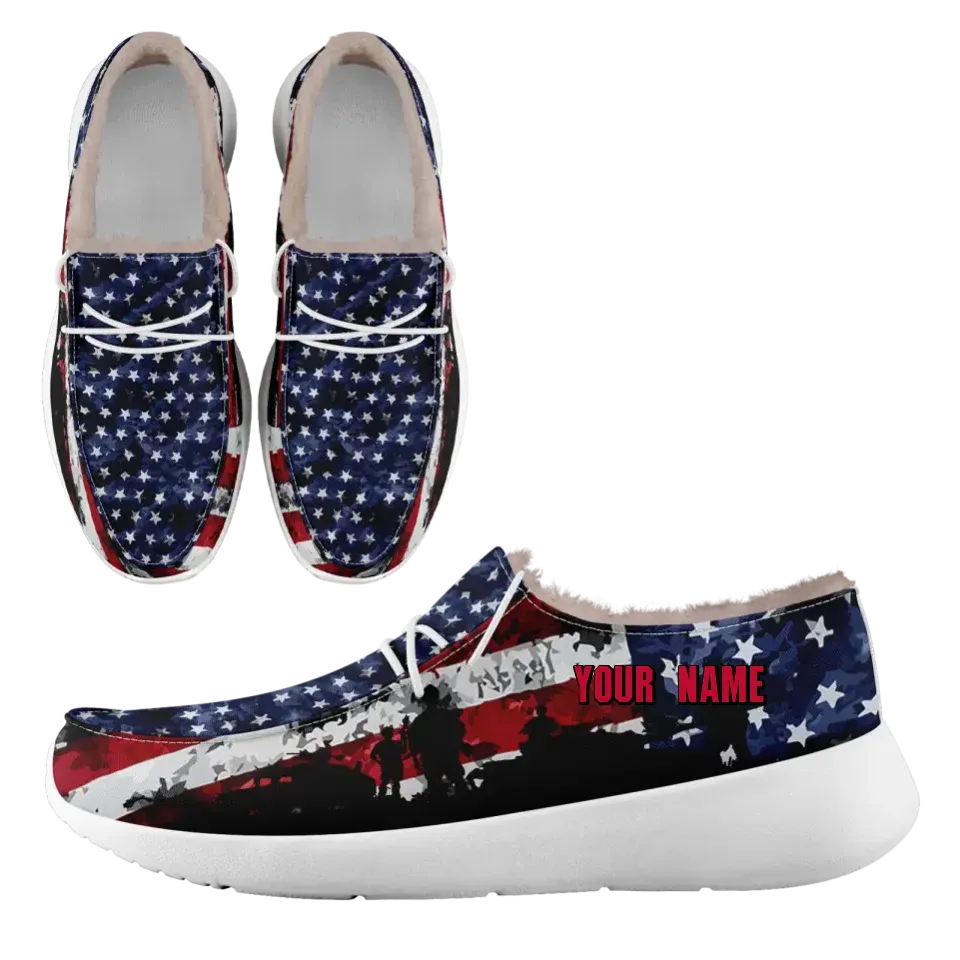 Unique Gift,Personalized USA Flag Sneakers, Custom Stars and Stripes Loafer Shoes, Fur Lining Shoe, Pride in Comfort,FN042-24020304-7w