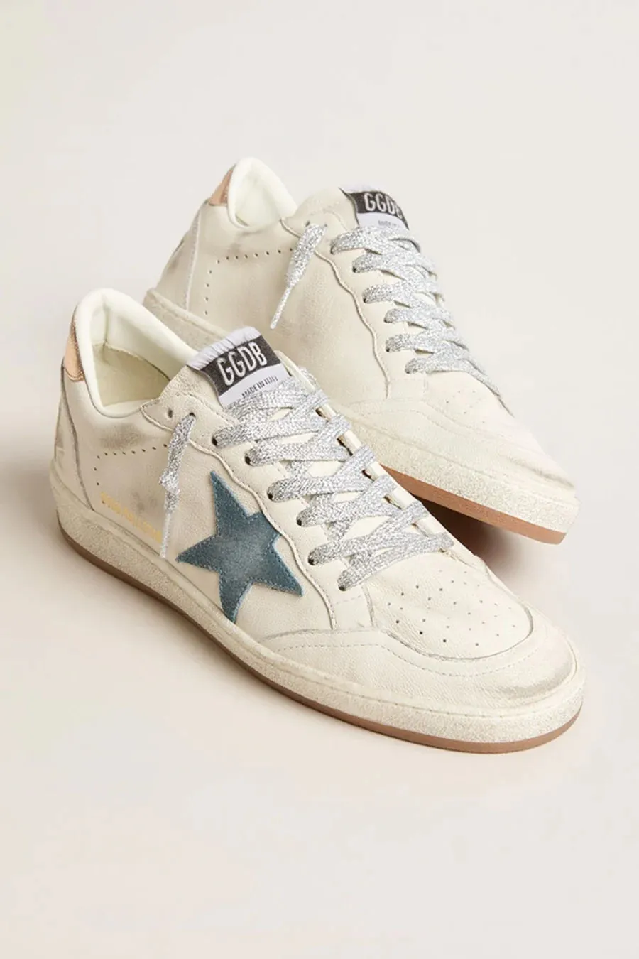 White Ball Star with Denim Blue Suede Star and Rose Gold Heel