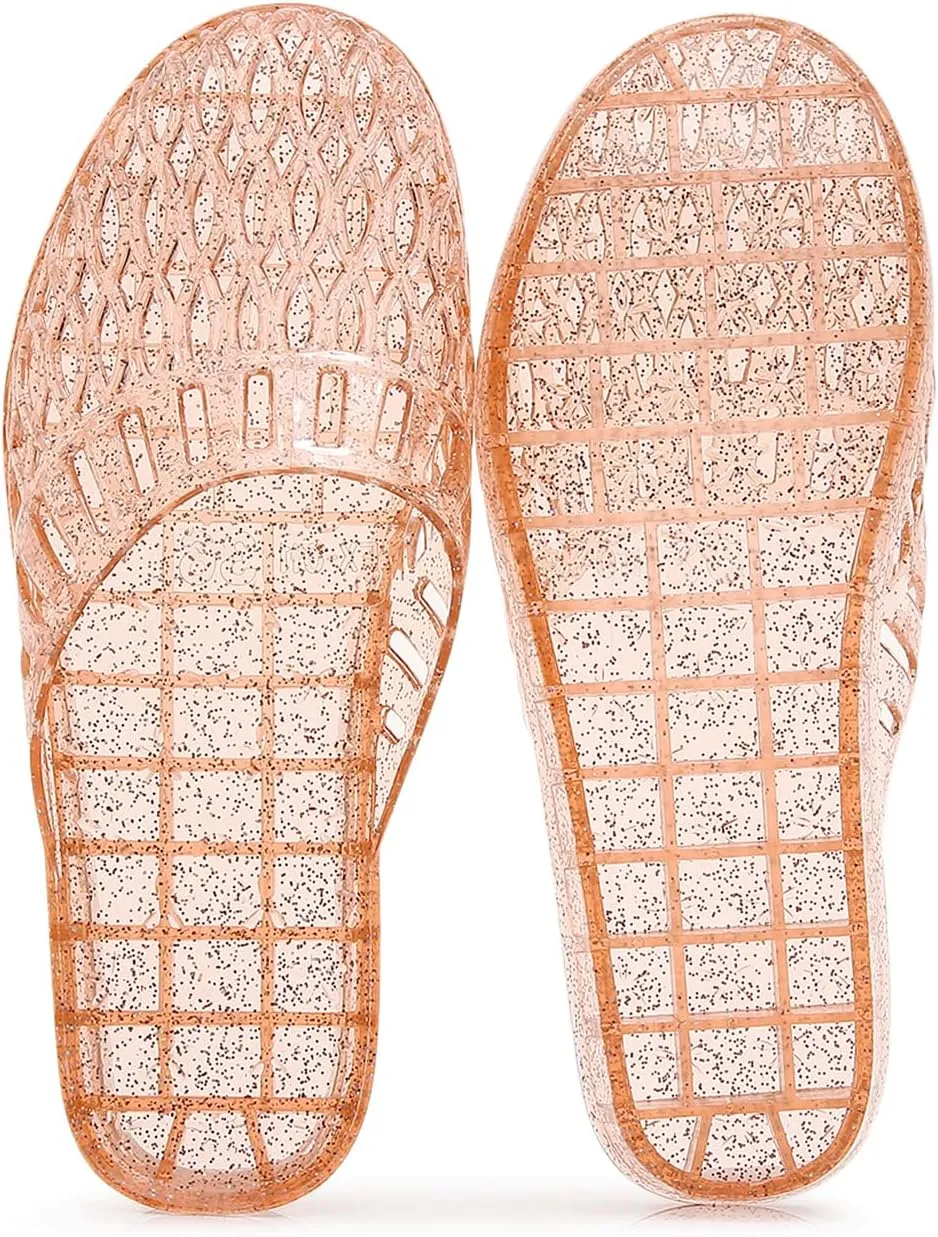Womens Jelly Shoes, White Jellies Sandals Glitter Clear Flats Slip On Summer Beach Slippers Transparent Closed Toe Soft Slide