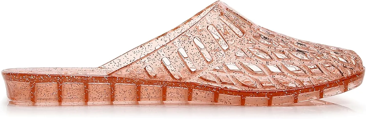 Womens Jelly Shoes, White Jellies Sandals Glitter Clear Flats Slip On Summer Beach Slippers Transparent Closed Toe Soft Slide