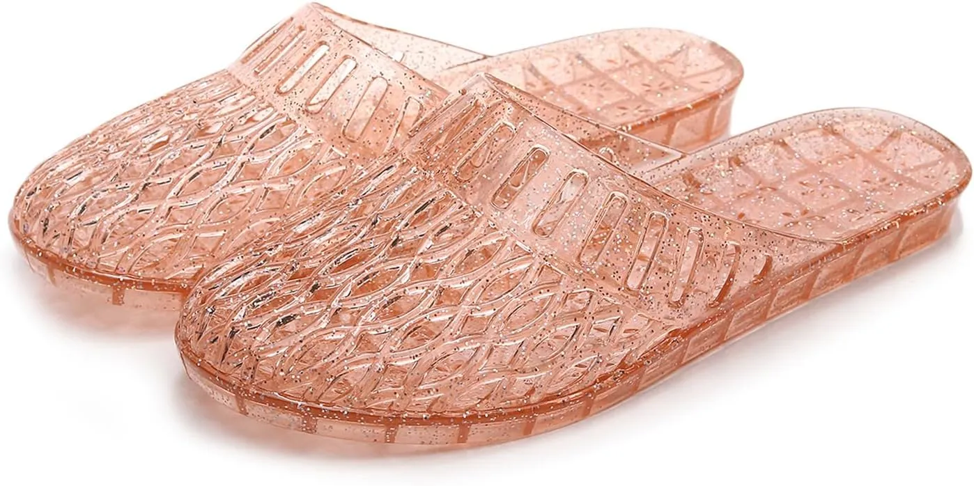 Womens Jelly Shoes, White Jellies Sandals Glitter Clear Flats Slip On Summer Beach Slippers Transparent Closed Toe Soft Slide
