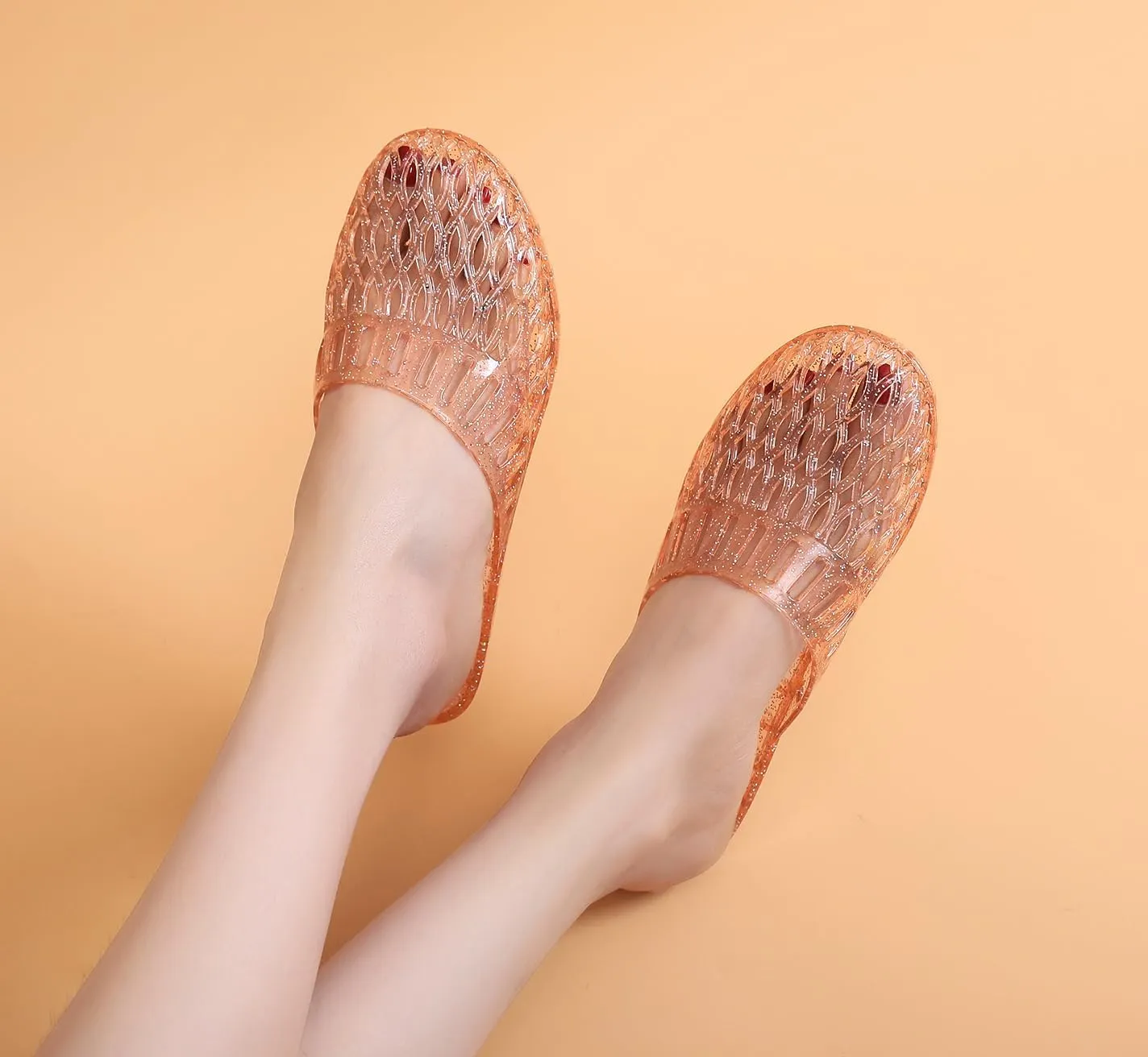 Womens Jelly Shoes, White Jellies Sandals Glitter Clear Flats Slip On Summer Beach Slippers Transparent Closed Toe Soft Slide