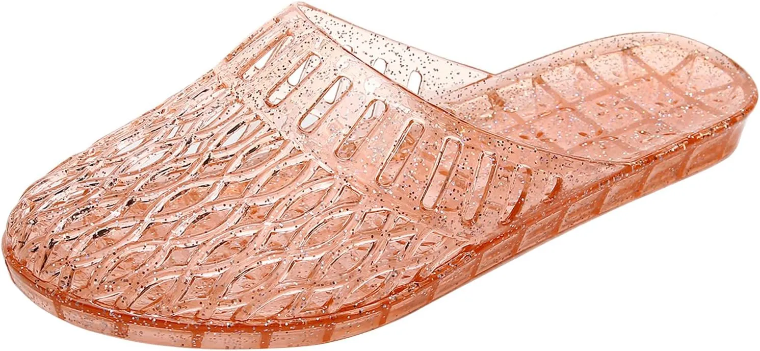 Womens Jelly Shoes, White Jellies Sandals Glitter Clear Flats Slip On Summer Beach Slippers Transparent Closed Toe Soft Slide
