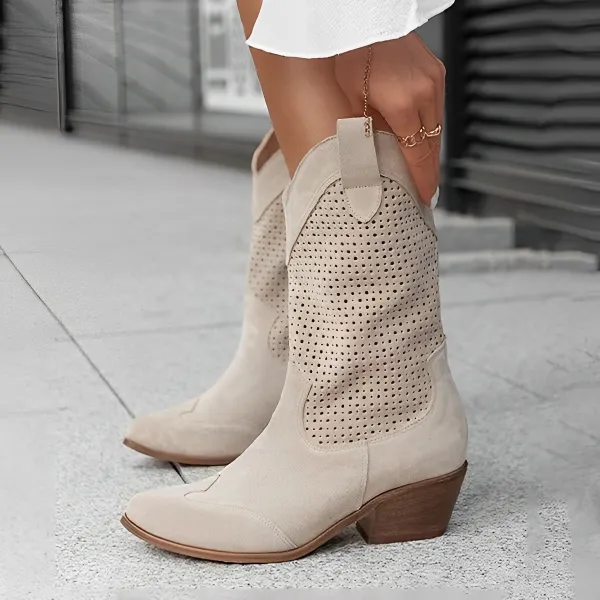 Women's Retro Hollow Suede Low Heel Boots 27001454C