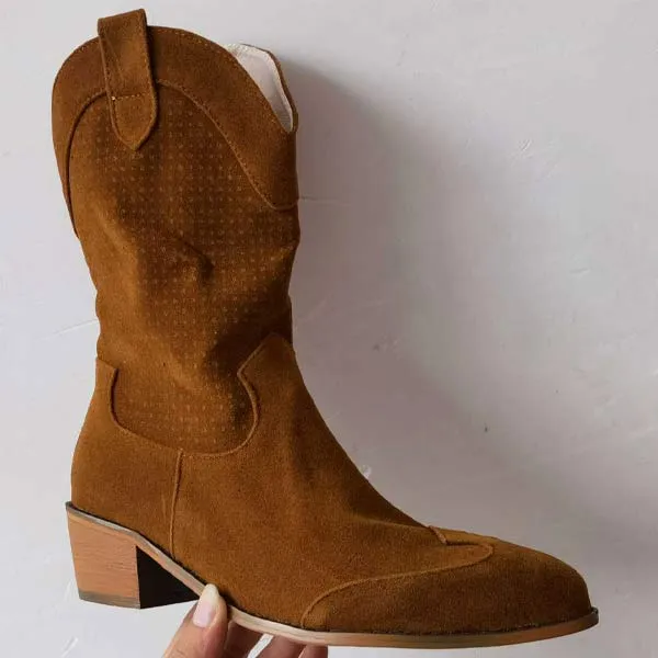 Women's Retro Hollow Suede Low Heel Boots 27001454C