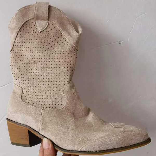 Women's Retro Hollow Suede Low Heel Boots 27001454C