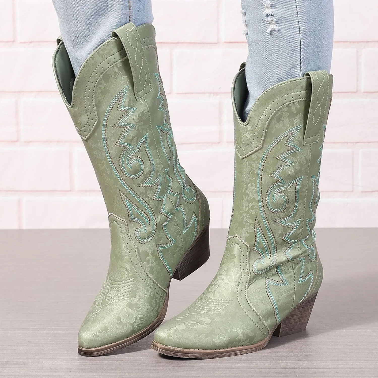 Women's Silver Cowboy Boots, Pointy Toe, Mid Calf, Chunky Heel, Wide Calf, Faux Suede, Pull-On, Suede Lining, Rubber Sole, Casual, Everyday Wear, Social Occasions