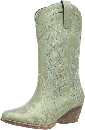 Women's Silver Cowboy Boots, Pointy Toe, Mid Calf, Chunky Heel, Wide Calf, Faux Suede, Pull-On, Suede Lining, Rubber Sole, Casual, Everyday Wear, Social Occasions