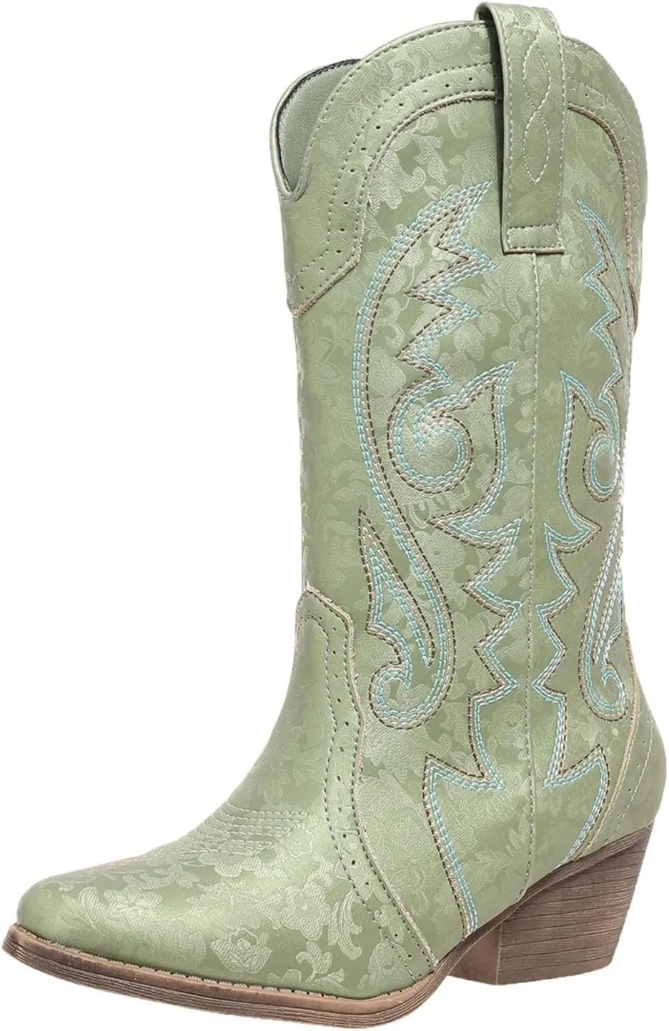 Women's Silver Cowboy Boots, Pointy Toe, Mid Calf, Chunky Heel, Wide Calf, Faux Suede, Pull-On, Suede Lining, Rubber Sole, Casual, Everyday Wear, Social Occasions